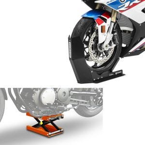 Set: Moto Pont elevateur ciseaux Mid-lift M noir 500kg or ConStands avec Bloque Roue Easy-Fix noir à 21 Pouces noir-mate