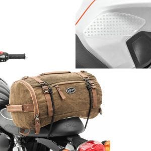 Set: Motorrad Hecktasche Vintage 25L Canvas Rucksack Gepäckrolle braun Craftride mit Seiten-Tankpad Grip Pad M transp.