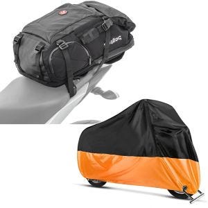 Set: Motorrad Rucksack HX5 wasserdicht 45Ltr mit Helmhalterung Bagtecs mit Abdeckplane XXL Abdeckhaube sw-orange