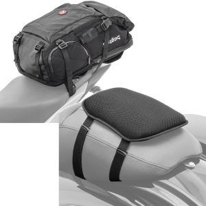 Set: Motorrad Rucksack HX5 wasserdicht 45Ltr mit Helmhalterung Bagtecs mit Gel Sitzkissen S Komfortkissen univ. sw