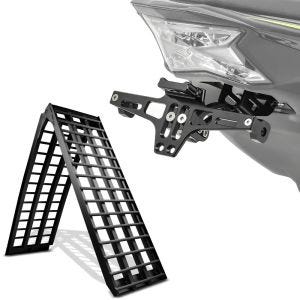 Set: Rampe de Chargement V noir en Alu max. 680 kg pli. pour Moto ConStands avec Support de Plaque NH2 + éclairage LED