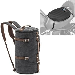 Set: Motorrad Rucksack Canvas VG8 Hecktasche Vintage 35Ltr sw Craftride mit Gel Sitzkissen Neopren L sw