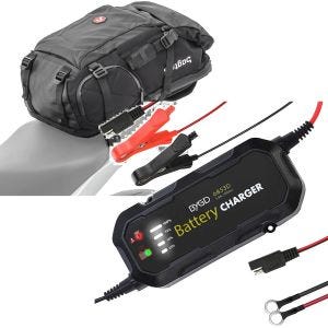 Set: Motorrad Rucksack HX5 wd. 45Ltr mit Helmhalterung Bagtecs mit Batterie Ladegerät BC2 Vollautomatisch 1.500mA