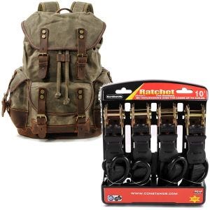 Set: Motorrad Rucksack Canvas RG8 Vintage Motorradtasche 20Ltr Retro grün Craftride mit Spanngurt Set sw