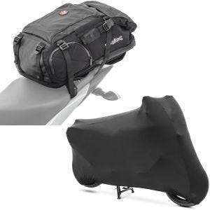 Set: Motorrad Rucksack HX5 wd. 45Ltr mit Helmhalterung Bagtecs mit Motorradabdeckung Indoor XL-XXL Stretch Garage sw
