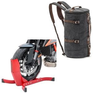 Set: Bloque Roue Easy-Plus à 21 Pouces rouge ConStands avec Sac à dos moto Canvas VG8 Vintage 35Ltr Retro noir