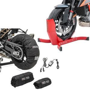 Set: Moto Couvertures Chauffantes Snaefell 30-99°C digital noir ConStands avec Bloque Roue Easy-Plus à 21" rouge