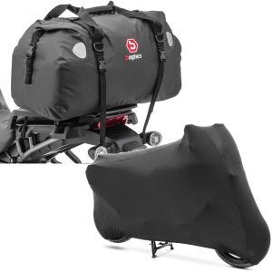 Set: Motorrad Hecktasche Drybag XF60 wd. Volumen 60l Bagtecs mit Motorradabdeckung Indoor XL-XXL Stretch Garage sw