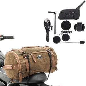 Set: Intercom Motorrad IK6 mit Headset wireless Tourtecs mit Hecktasche Vintage 25L Canvas Rucksack Gepäckrolle braun