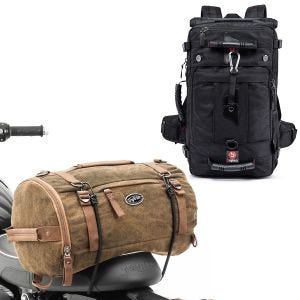 Set: Motorrad Rucksack HK4 Hecktasche 45Ltr sw Bagtecs mit Hecktasche Vintage 25L Canvas Rucksack Gepäckrolle braun