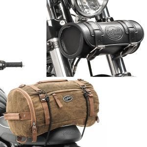 Set: Motorrad Hecktasche Vintage 25L braun Craftride mit Werkzeugrolle Elgin 2,4Ltr passend für Retro Bikes sw