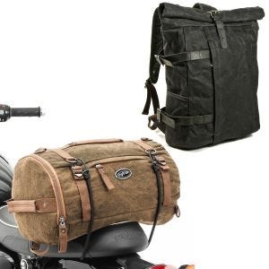 Set: Motorrad Rucksack Canvas VR2 Vintage 20Ltr Retro sw Craftride mit Hecktasche Vintage 25L braun
