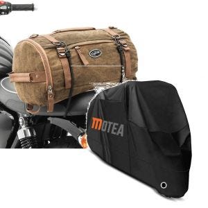 Set: Motorrad Hecktasche Vintage 25L Canvas Rucksack Gepäckrolle braun Craftride mit Abdeckplane BC1 XXL Abdeckhaube sw