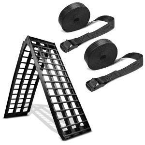 Set: Alu Auffahrrampe V sw, bis 680 kg, klappbar, passend für Motorrad ConStands mit Spanngurt Zurrgurte 150cm 2 Stück sw