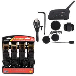 Set: Intercom Motorrad IK6 mit Headset wireless Tourtecs mit Spanngurt Set mit Ratsche und Haken inkl 4x Zurrschlaufe sw