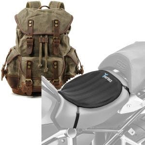 Set: Motorrad Rucksack Canvas RG8 Vintage Motorradtasche 20Ltr Retro grün Craftride mit Gel Sitzkissen Neopren L sw