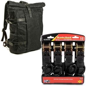 Set: Motorrad Rucksack Canvas VR2 Vintage Motorradtasche 20Ltr Retro sw Craftride mit Spanngurt Set sw