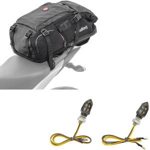 Set: Motorrad Rucksack HX5 wasserdicht 45Ltr mit Helmhalterung Bagtecs mit LED Blinker KP8 ECE Paar getönt