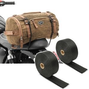 Set: Motorrad Hecktasche Vintage 25L Canvas Rucksack Gepäckrolle braun Craftride mit Hitzeschutzband Auspuffband sw 15m