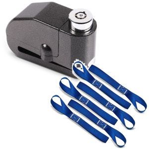 Set: Bremsscheibenschloss Alarm 120dB sw Tourtecs mit Zurrschlaufen passend für Spanngurte, 6er Mega Pack Blau