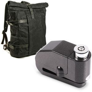 Set: Motorrad Rucksack Canvas VR2 Vintage 20Ltr Retro sw Craftride mit Bremsscheibenschloss Alarm 120dB sw