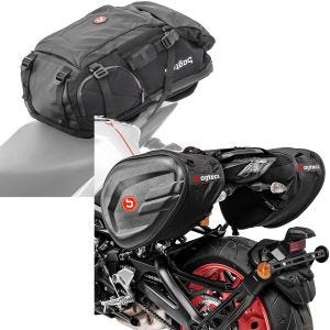 Set: Motorrad Rucksack HX5 wd. 45Ltr mit Helmhalterung Bagtecs mit Seitentaschen CRB 40-60 Liter Volumen Softshell
