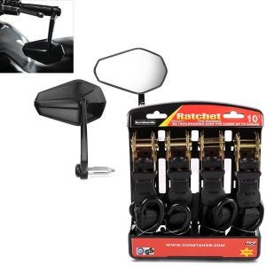 Set: Motorrad Lenkerendenspiegel ECE Rückspiegel Paar SP6 Zaddox mit Spanngurt Set sw