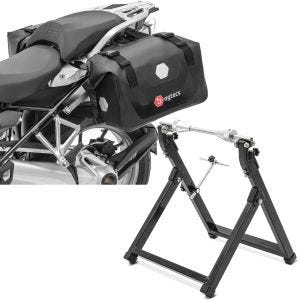 Set: Motorrad Satteltaschen Wasserdicht RB25 mit Rollverschluss Bagtecs mit Wuchtbock Motorrad WU-2 Auswuchtgerät sw