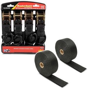 Set: Motorrad Spanngurt mit Ratsche und Haken inkl 4x Zurrschlaufe sw ConStands mit Hitzeschutzband Auspuffband sw 15m