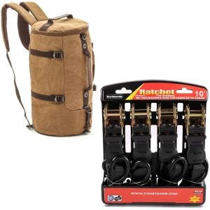Set: Motorrad Rucksack Canvas VG8 Hecktasche Vintage 35Ltr braun Craftride mit Spanngurt Set sw