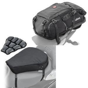 Set: Motorrad Rucksack HX5 wasserdicht 45Ltr mit Helmhalterung Bagtecs mit Luftkissen Air M Komfort Sitzkissen sw
