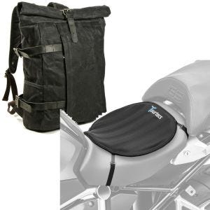Set: Motorrad Rucksack Canvas VR2 Vintage Motorradtasche 20Ltr Retro sw Craftride mit Gel Sitzkissen Neopren L sw