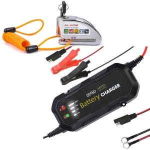 Set: Bremssscheibenschloss Alarm 110dB chrom Tourtecs mit Batterie Ladegerät BC2 Vollautomatisch 1.500mA