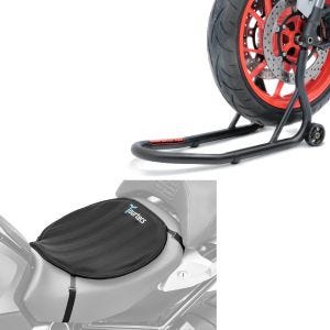 Set: Béquille roue avant Front Fork noir mat ConStands avec Moto Gel Coussin de selle Néoprène L coussin confort en noir