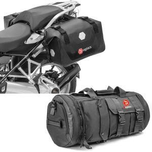 Set: Motorrad Satteltaschen Wasserdicht RB25 mit Rollverschluss Bagtecs mit Motorrad Hecktasche TB8 Gepäckrolle 35Ltr sw