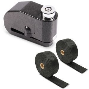 Set: Bremsscheibenschloss Alarm 120dB Diebstahlschutz Motorrad sw Tourtecs mit Hitzeschutzband Auspuffband sw 15m