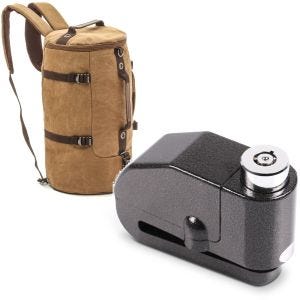 Set: Motorrad Rucksack Canvas VG8 Hecktasche Vintage 35Ltr braun Craftride mit Bremsscheibenschloss Alarm 120dB sw