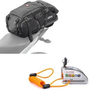 Set: Motorrad Rucksack HX5 wd. 45Ltr mit Helmhalterung Bagtecs mit Bremssscheibenschloss Alarm 110dB chrom