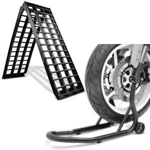 Set: Rampe de Chargement V noir en Alu, max. 680 kg pliable, pour Moto ConStands avec Béquille roue avant Front noir mat