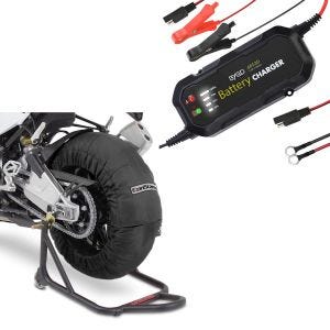 Set: Motorrad Reifenwärmer Set Laguna Seca 60-80°C 17" sw ConStands mit Batterie Ladegerät BC2 Vollautomatisch 1.500mA