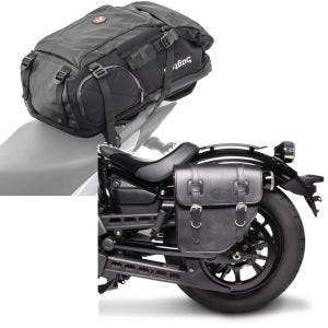 Set: Motorrad Rucksack HX5 wd. 45Ltr mit Helmhalterung Bagtecs mit Satteltasche links Texas 10Ltr passend für Chopper sw