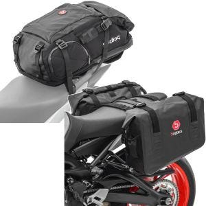 Set: Motorrad Rucksack HX5 wd. 45Ltr mit Helmhalterung Bagtecs mit Seitentaschen wd. WD1 2x43l mit Rollverschluss
