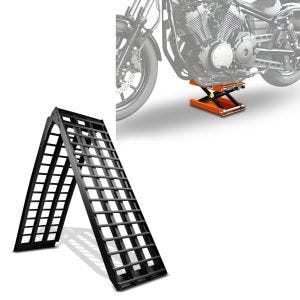 Set: Alu Auffahrrampe V sw, bis 680 kg, klap, passend für Motorrad ConStands mit Hebebühne Mid-lift M bis 500 kg orange