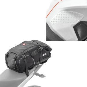 Set: Motorrad Rucksack HX5 wd. 45Ltr mit Helmhalterung Bagtecs mit Seiten-Tankpad Grip Pad M transp.
