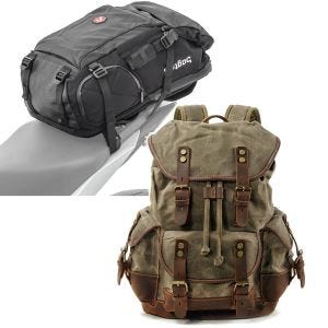 Set: Motorrad Rucksack HX5 wd. 45Ltr mit Helmhalterung Bagtecs mit Rucksack Canvas RG8 Vintage 20Ltr grün
