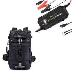 Set: Motorrad Rucksack HK4 Hecktasche 45Ltr in sw Bagtecs mit Motorrad Batterie Ladegerät BC2 Vollautomatisch 1.500mA