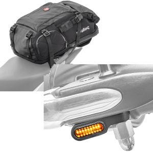 Set: Motorrad Rucksack HX5 wd. 45Ltr mit Helmhalterung Bagtecs mit LED Lenkerblinker univ. XS passend für Lenker ECE get.