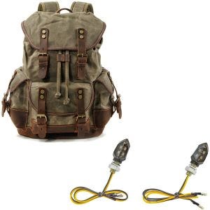 Set: Sac à dos moto Canvas RG8 Vintage 20Ltr Retro vert Craftride avec Clignotants moto LED KP8 2 pièces teinté