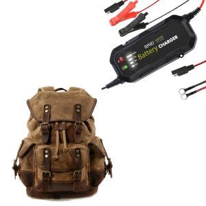 Set: Motorrad Rucksack Canvas RG8 Vintage 20Ltr Retro braun Craftride mit Batterie Ladegerät BC2 Vollautomatisch 1.500mA