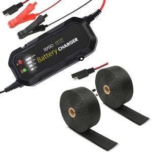 Set: Motorrad Batterie Ladegerät BC2 Vollautomatisch 1.500mA Lumitecs mit Motorrad Hitzeschutzband Auspuffband sw 15m